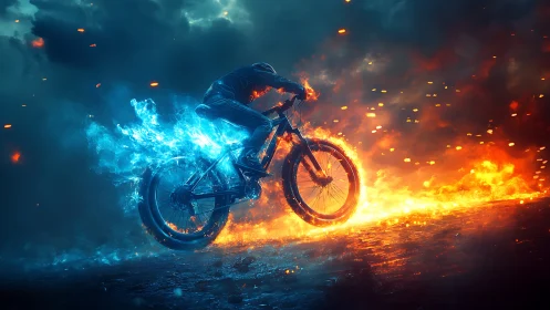 Cyclist on fiery trail amid blue and orange energy storm.