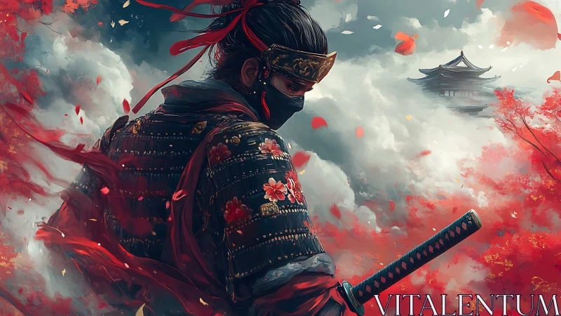 Masked samurai stands in red armor amid swirling red leaves