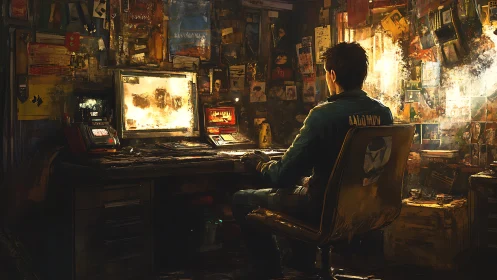 Man sits at cluttered workstation in dim neon-lit room