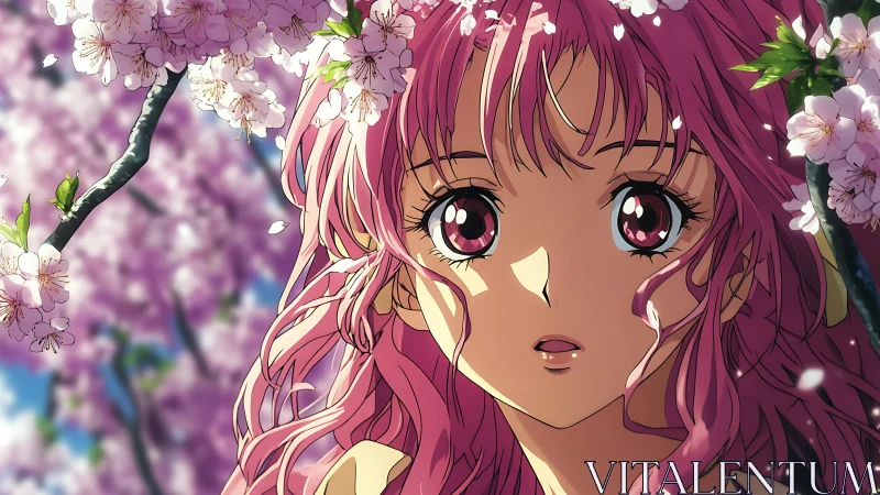 Anime character with pink hair stands among cherry blossoms