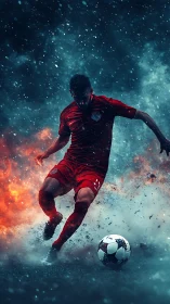 Kinetic soccer striker in pyroclastic storm lighting field.