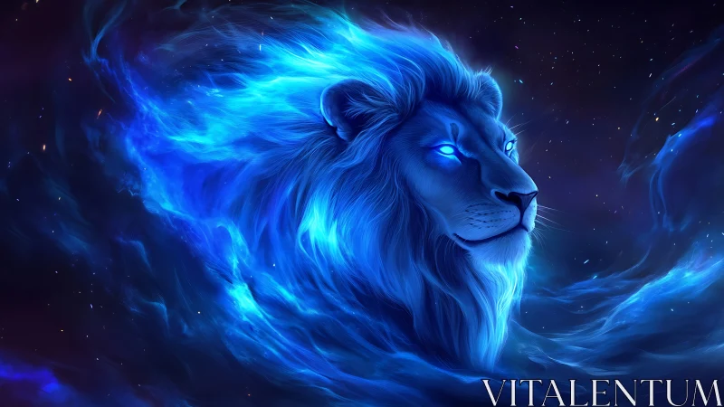 Plasma-lit astral lion head rendered in luminous nebular blues.