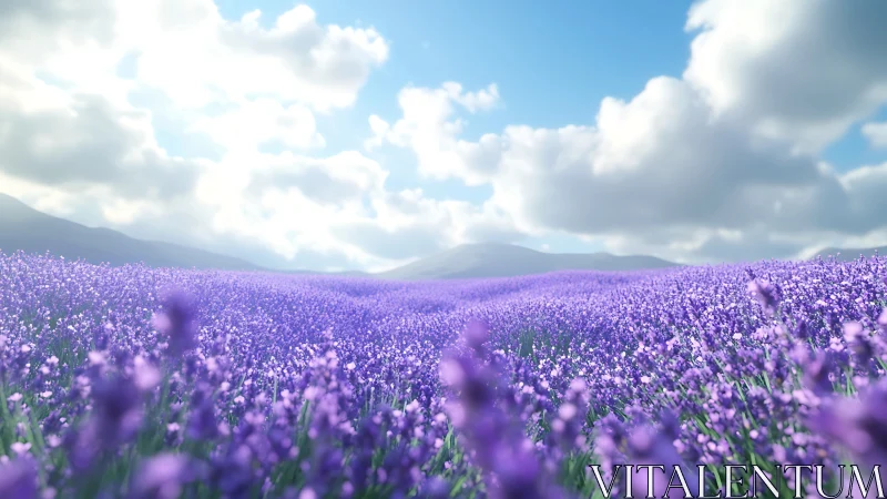 Endless lavender fields glow beneath soft summer clouds.