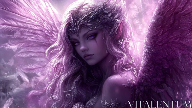Ethereal violet angel in luminous feathered radiance.