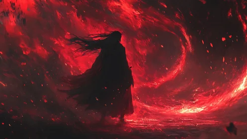 Wanderer in the crimson storm of swirling firelight.