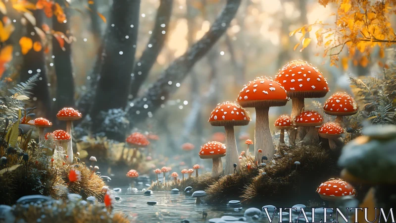 Enchanted forest stream with glowing red toadstool cluster.