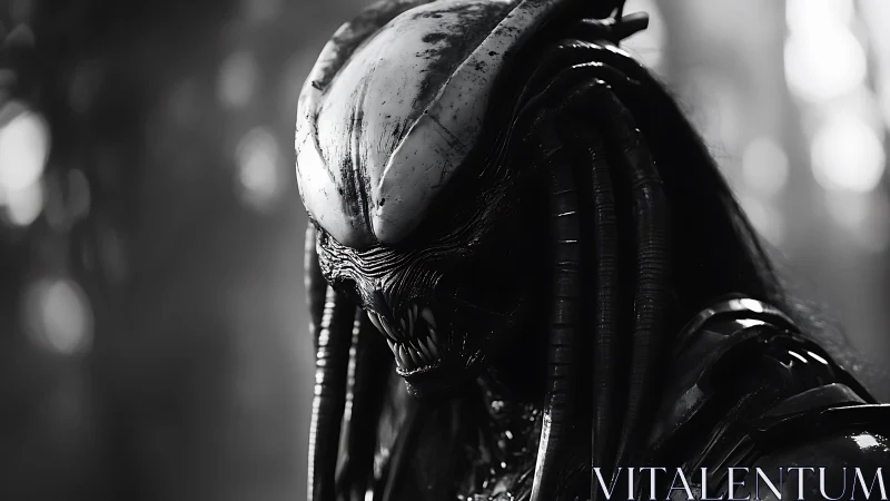 Alien warrior portrait in high contrast monochrome noir.