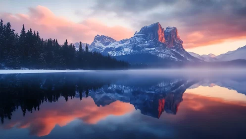 Gentle sunrise over calm mountain lake and glowing peaks.