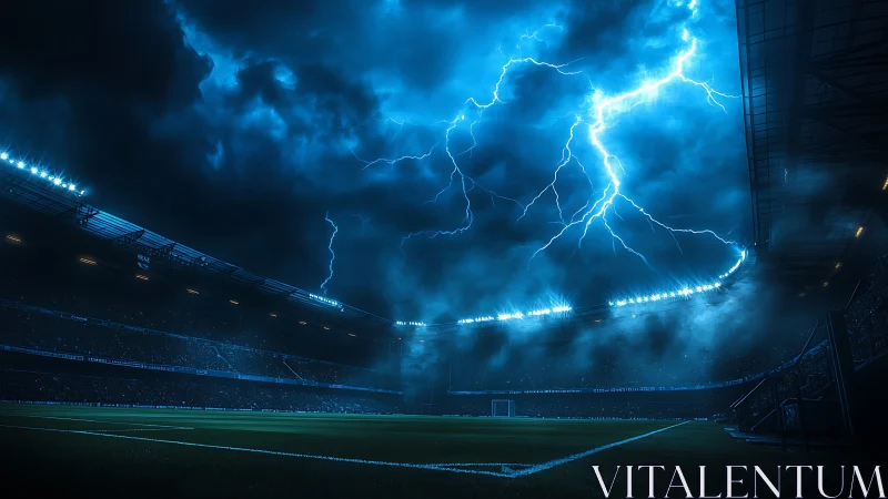 Night football stadium under intense lightning storm sky.
