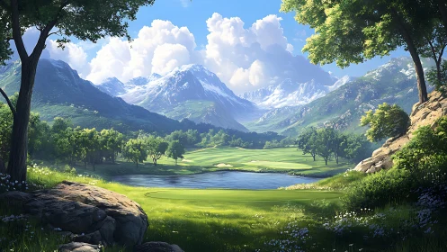 Mountain valley golf course with lake and distant snow peaks.