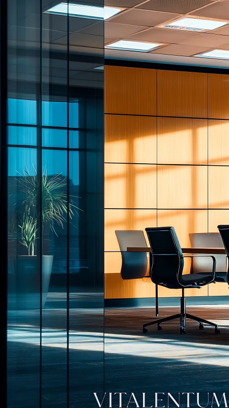 Modern Office Interior with Glass Partition and Wooden Panels.