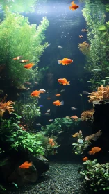 Goldfish and plants in a densely planted aquarium scene.