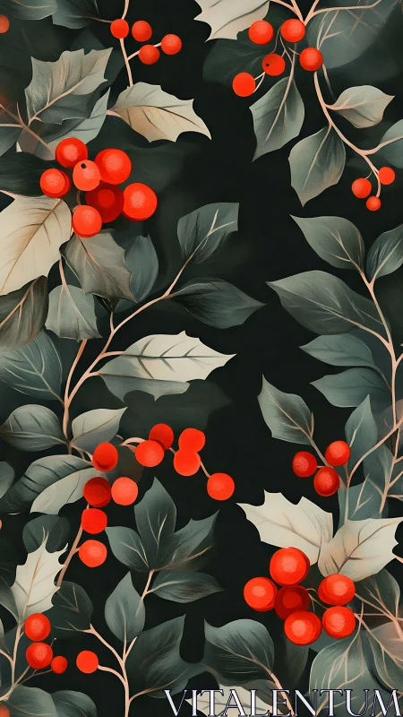 Red berry branches on dark leafy botanical background.
