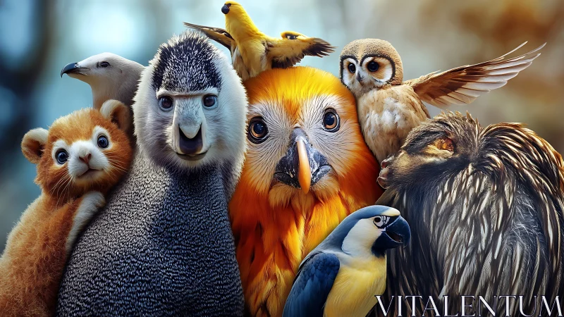 Group of Adorable Animals and Birds in Vibrant Artistic Style.
