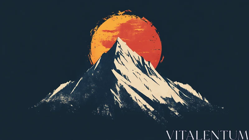 Stylized alpine peak intersects textured crimson sun disk