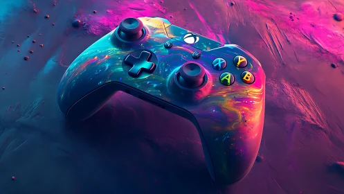 Neon Gaming Controller with Cosmic Liquid Surface.