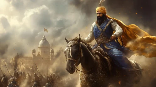 Turbaned warrior on armored horse leads charge by domed temple