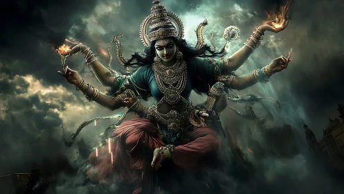 Multi-armed warrior goddess rendered in cinematic digital painting