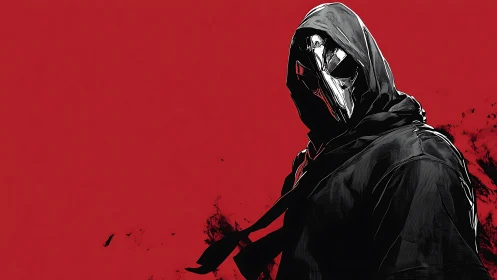 Masked cloaked figure rendered in high-contrast graphic comic style