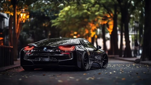 Black BMW i8 glows under warm city street tree canopy.
