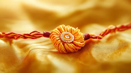 Golden rakhi bracelet rests softly on shimmering silk