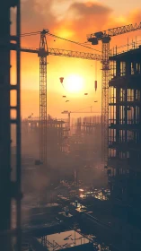 Urban high‑rise construction cranes in sunset backlight.