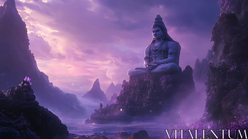 Monumental Shiva statue anchors ethereal violet mountain temple