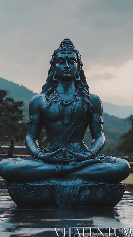 Serene blue Shiva statue seated in lotus posture outdoors.