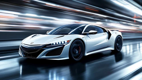 White sports coupe on reflective urban roadway at speed.