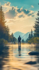 Cinematic fly fisher in misty alpine river at sunrise.