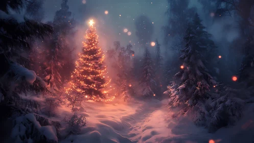 Illuminated Christmas tree in snow-covered forest clearing.