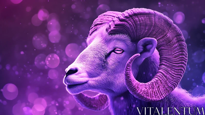 Bioluminescent ram portrait in magenta spectral lighting.