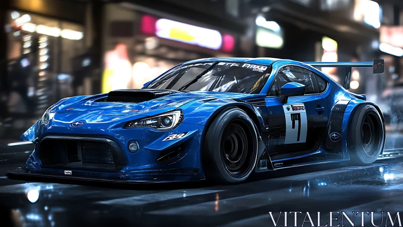 Blue race car roars through neon city streets at night
