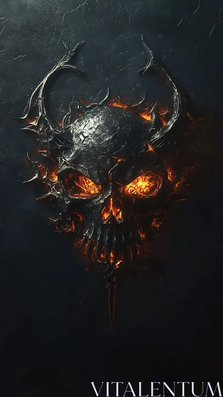 Molten demonic skull emblem glows within charred darkness