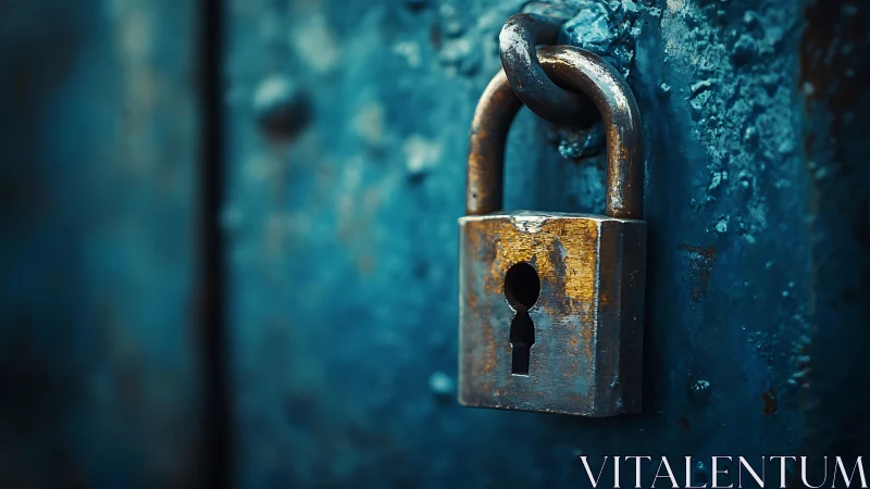 Weathered brass padlock listens quietly to a blue steel door
