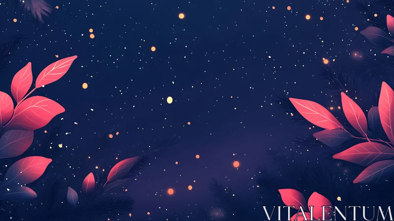 Night sky backdrop with stylized red foliage border.