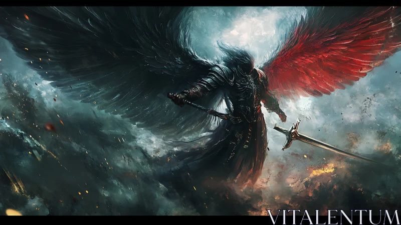 Armored fallen angel with dual-toned wings in storm.