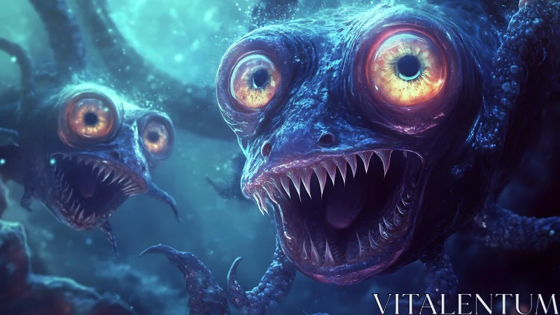 Bioluminescent deep sea horrors circle in eerie blue gloom.