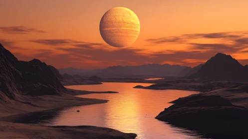 Alien desert river under giant planet at orange dusk.