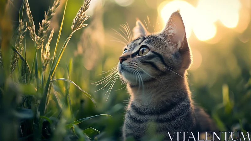 Tabby Cat in Golden Hour Meadow Gazing Upward.