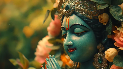 High-saturation digital painting of serene teal deity bust amid florals