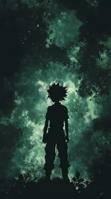 Silhouetted figure standing before dense green clouded sky.