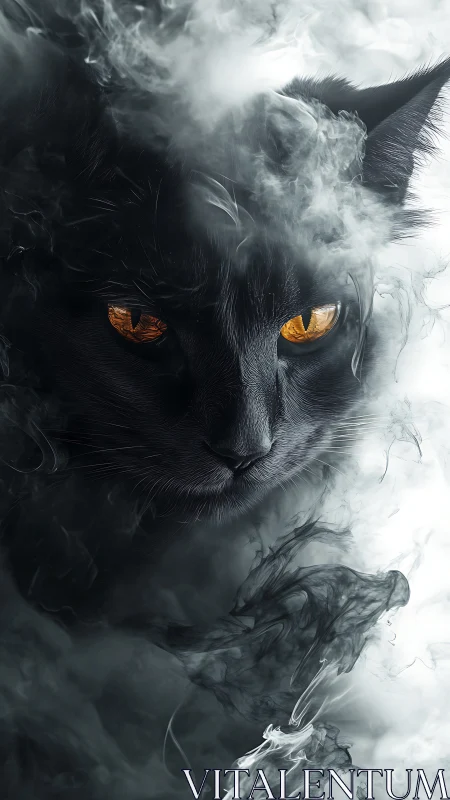 Smoke-shrouded obsidian cat with ember-bright golden eyes.