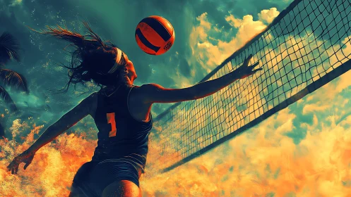 Sunlit volleyball hero soaring high across the summer net.