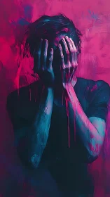 Neon portrait shows distressed figure with hands covering face.
