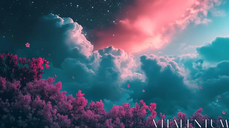Celestial azalea canopy under neon cyan and magenta clouds