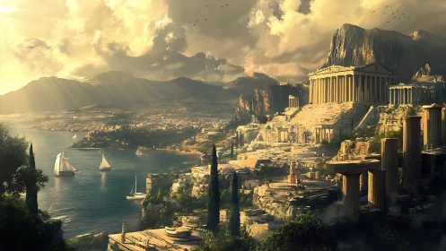 Sunlit mythic acropolis above a tranquil sapphire harbor.