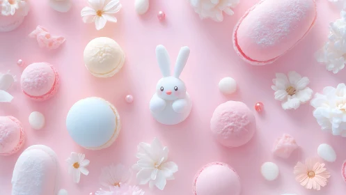 Soft pastel confections surround a central rabbit figure