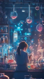 Laboratory researcher manipulates glassware among suspended flasks