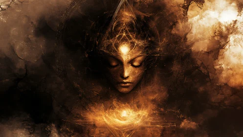 Mystic bronze goddess face within swirling cosmic light.